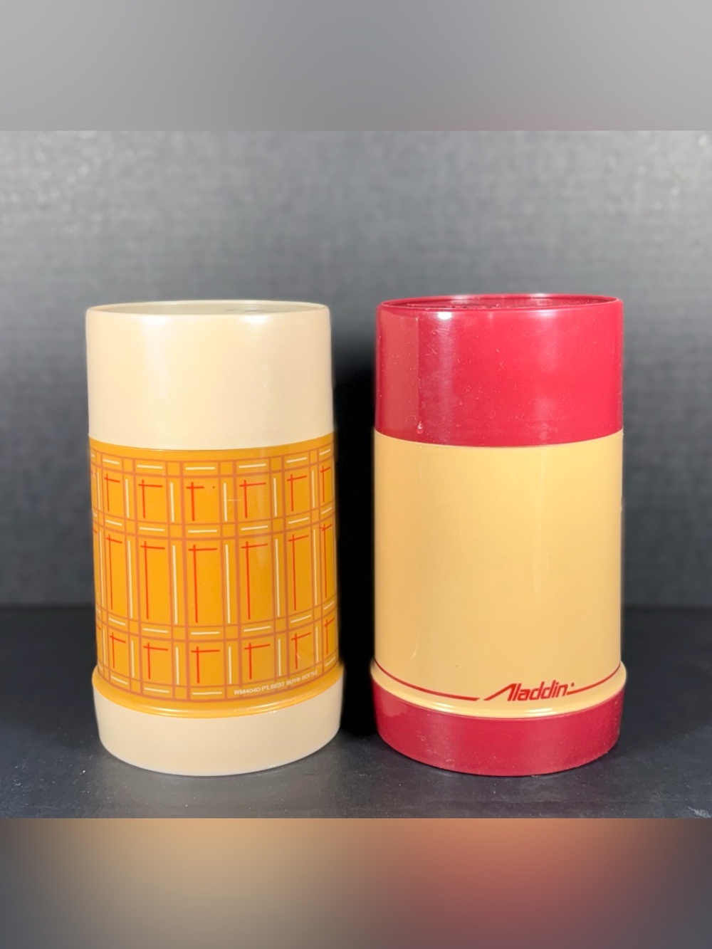 Vintage Aladdin Wide Mouth Thermos Set of 2 Retro Plaid Red